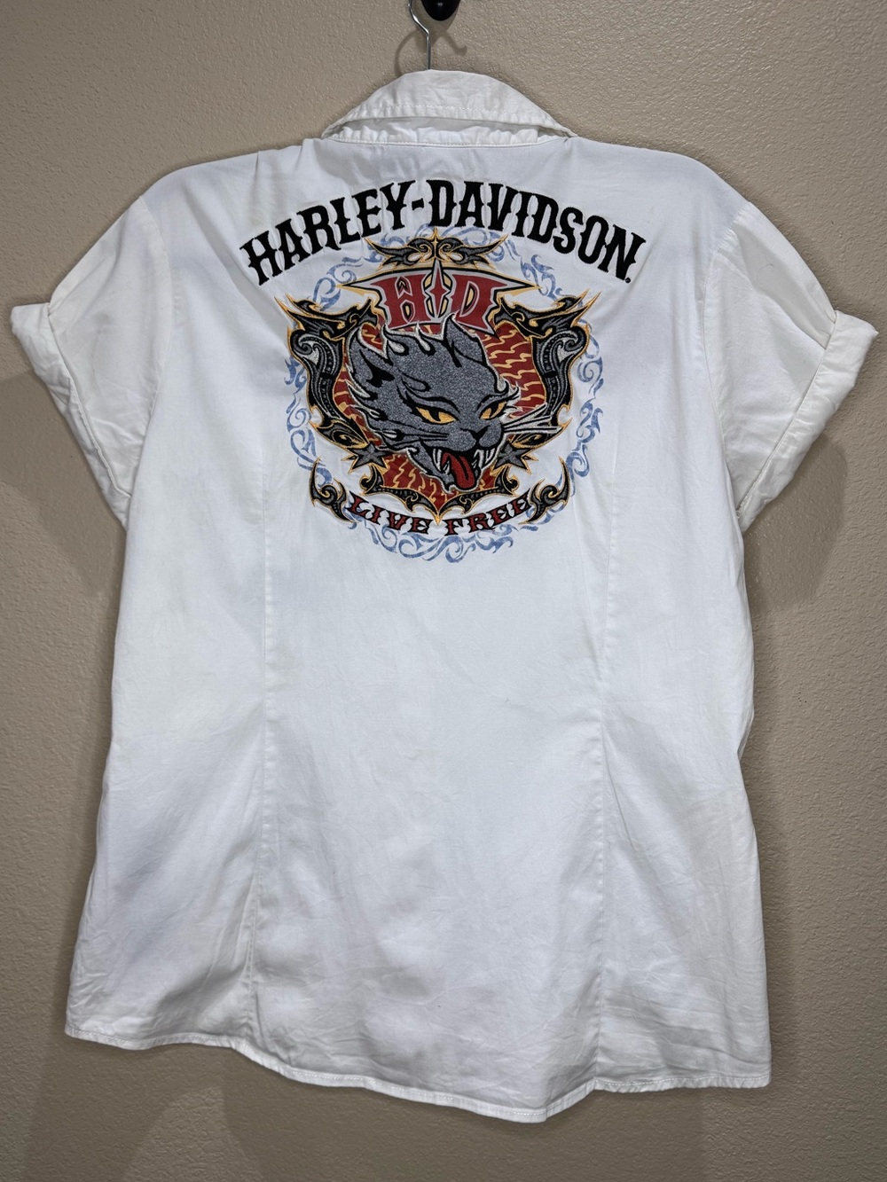 Harley Davidson White Embroidered Cat Button Up Shirt Women's L Y2K Biker
